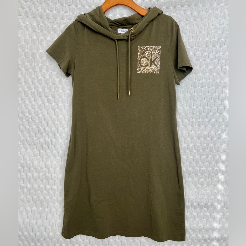 Calvin Klein Women's Medium Hoodie Rhinestone Shirt Dress Olive Green Stretchy